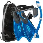 Cressi Italian Design Palau Long Adjustable Snorkeling Fin Flippers with SPE Liberty 
Ultra-clear Tempered Glass Lens Panoramic View Mask Dry Snorkel Set and Snorkeling Gear Bag
