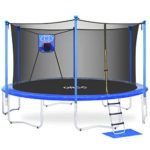 ORCC Trampoline 15FT 12FT Basketball Trampoline with Safety Enclosure Net, Ladder, Rain Cover, Basketball Hoop and Ball, Kids Trampoline with TUV Certificated