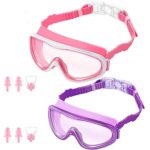KNGUVTH Kids Swim Goggles, Pack of 2 No Leaking Swimming Goggles Anti-Fog UV Protection Crystal Clear Wide Vision Swim Glasses with Nose Clips + Ear Plugs for Children Early Teens