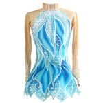 Ice Skating Dress for Girls Women Handmade Figure Skating Competition Costume Skating Dress Rhinestone Long Sleeved Blue Ruffle