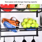 Sunix Sports Equipment Storage, Ball Storage Rack Basketball Holder Wall Mount Shelf with Hooks, 3 Racks, Black