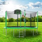Merax 12FT Trampoline with Safety Enclosure Net, Basketball Hoop and Ladder, Trampoline for Kids (Green 12FT)
