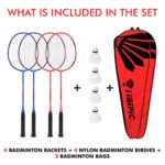 Badminton Rackets 4 Pack Set, 4 Nylon Shuttlecocks, 2 Carrying Bags, Light Carbon Fiber, Backyard Outdoor Games for Adults and Kids, for Beginners and Advanced Players