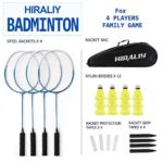 HIRALIY Badminton Rackets Set of 4 for Outdoor Backyard Games, Including 4 Rackets, 12 Nylon Shuttlecocks, 4 Replacement Grip Tapes and 1 Carrying Bag
