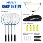 HIRALIY Complete Badminton Set, Badminton Rackets Set of 4 for Outdoor Backyard Games, Includes 1 Portable Badminton Net, 4 Rackets, 12 Plastic Shuttlecocks, 4 Replacement Grip Tapes and 1 Carry Bag