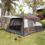 KTT Large Tent 8~10 Person,Family Cabin Tents,2 Rooms,Straight Wall,3 Doors and 3 Windows with Mesh,Waterproof,Double Layer,Big Tent for Outdoor,Picnic,Camping,Family,Friends Gathering. (Brownness)