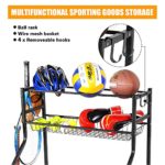 PLKOW Sports Equipment Storage for Garage, Indoor/Outdoor Sports Rack for Garage, Ball Storage Garage Organizer with Basket and Hooks,Toy/Sports Gear Storage (Black)