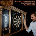 Barrington Woodhaven Premium Bristle Dartboard Cabinet Set with LED Lights – Competition Dartboards with Steel Tip Darts, 2 Scoreboards – Protective Display Cabinet for Bar & Home Decor