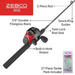 Zebco 202 Spincast Reel and Fishing Rod Combo, 5-Foot 6-Inch 2-Piece Fishing Pole, Size 30 Reel, Right-Hand Retrieve, Pre-Spooled with 10-Pound Cajun Line, Includes 27-Piece Tackle Kit, Black/Red