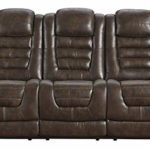 Signature Design by Ashley Game Zone Faux Leather Upholstered Power Reclining Sofa with Adjustable Headrest and Positions, Cup Holders and Hidden Storage, Brown