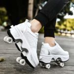 Double-Row Deform Wheel Automatic Walking Shoes Invisible Deformation Roller Skate 2 in 1 Removable Pulley Skates Skating Parkour (White Silver, US 5.5)