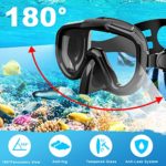 Snorkel Set, Dry Top Snorkeling Gear for Adults, Panoramic Anti-Leak and Anti-Fog Tempered Glass Lens, Adults Adjustable Snorkeling Set, Scuba Diving Swimming Training Snorkel Kit with Mesh Bag