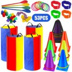 53 Pieces Outdoor Lawn Game Carnival Toss Game Set Potato Sack Race Bags Egg and Spoon Race Game Party Ring Bean Bag Tossing Cones Game Prizes for Adult Family Birthday Party Outdoor Game Supplies