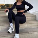 OLCHEE Womens Workout Sets 2 Piece – Seamless Gym Outfits Ribbed Leggings and Long Sleeve Crop Top Matching Yoga Clothes – Black Small