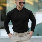 CHOMOLEZA Men’s Muscle Ribbed Polo Long Sleeve Slim Fit Stretch Knit Shirt Zip Workout T-Shirts Casual Golf Tee Black S