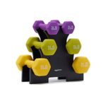 Amazon Basics Neoprene Hexagon Workout Dumbbell Color-Coded Hand Weight – Set of 6 (3, 5, and 8 Pound Weights) with Storage Rack
