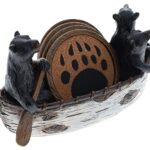3 Black Bears Canoeing Coaster Set – Absorbent Cork Lined Coasters – Rustic Canoe Lodge Cabin Decor