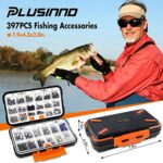 PLUSINNO 397pcs Fishing Accessories Kit, Fishing Tackle Box with Tackle Included, Fishing Hooks, Fishing Weights, Jig Heads, Swivels Snaps Combined into 12 Rigs, Fishing Gear Equipment for Bass