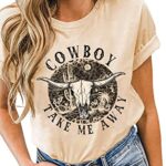 Western Rodeo Bleached T-Shirt Women Vintage Leopard Bull Skull Graphic Cowboy Shirt Country Music Cowgirl Tops(Beige, L)