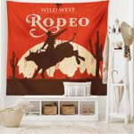 Ambesonne Vintage Tapestry, Rodeo Cowboy Riding Bull Wooden Old Sign Western Style Wilderness at Sunset Image, Wide Wall Hanging for Bedroom Living Room Dorm, 60″ X 40″, Redwood Orange