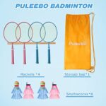PULEEBO Kids Badminton Racket Set – Children Beginner Family Outdoor Camping Badminton Sport Game Steel Alloy Badminton Racket Including 4 Rackets 8 Shuttlecocks 1 Storage Bag