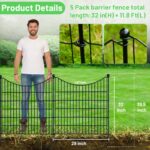 5 Panels No Dig Decorative Outdoor Garden Fence for Yard, 32 In(H) X 12ft(L) Animal Barrier Fencing Rustproof Metal Wire Panel Border for Dog, Rabbits, and Patio Temporary Ground Stakes Defense- Black