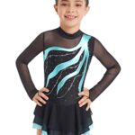 TSSOE Kids Girls Long Sleeve Sequins Printing Ice Roller Figure Skating Dress Illusion Ballet Dancewear A01 12 Years