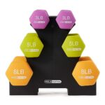 HolaHatha Hex Dumbbell Weight Training Home Gym Equipment Set with 3, 5 and 8 Pound Fitness Hand Weights and Storage Organization Rack