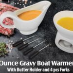 Zenvy Gravy Boat Set | 12 Ounce Ceramic White Gravy Dish Set With Candle Warmer Stand, Butter/Dip Dish, And Appertizer Forks