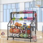 Azheruol Ball Storage Rack Large Sports Equipment Organizer Cart For Garage,Home Gym Multifunctional Sports Gear Storage For Indoor Or Outdoor, Ball Rack For Basketball,Baseball, Football, Toys