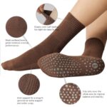 Toes Home Grip Socks for Women, Non Slip Pilates Yoga Crew Socks for Barre Hospital Exercise Workout Sticky Athletic Slipper Socks 4 Pairs Brown White