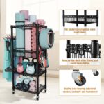 FUTASSI Yoga Mat Storage, 3-Tier Home Gym Storage, Workout Equipment Holder with Wheels for Yoga Strap, Foam Roller, Small Dumbbells, Kettlebells, 27.5″W x 11.8″D x 47.4″H, Weight Hold 300 LBS, Black