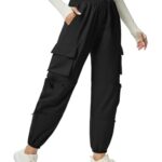 AB-Eleven Women’s Lightweight Cargo Pants Quick Dry Joggers with 6 Pockets Elastic Waist and Water-Resistant Hiking Pants Black