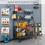 INGIORDAR Garage Sports Equipment Organizer Ball Rack Rolling Sports Gear Storage Cart Outdoor Toy Organization with Baskets Hooks Wheels?Black