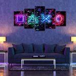 Colorful Neon Gaming Wall Décor 3D Cool Game Symbol Canvas Wall Art Prints for Game Room Playroom 5 Pieces Funny Video Game Painting Pictures Artwork 40″W x 20″H