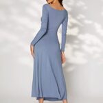 Floerns Women’s Solid Boat Neck Long Sleeve Ruched Side Party A Line Long Dress Dusty Blue L