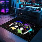 Gamer Area Rugs for Bedroom Boys Cartoon Painting Gamepad Home Carpet for Teens Cool Game Room Decor Black Carpet for Dining Living Room Playroom Floor Mats, 2’x3′