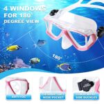 Snorkel Set Pano 4 Adult Snorkeling Gear, Professional Anti-Fog Snorkel Mask Dry Top Snorkel, Tempered Glass Scuba Diving Mask for Freediving, Snorkeling and Swimming (Pink Snorkel Set)