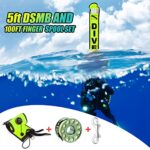 Scuba Surface Marker Buoy (SMB) Set, 5ft Hi-Visibility Reflective Band Open Bottom Safety Sausage with 100ft Alloy Finger Spool Dive Reel and Double-ended Snap Hook Fits Underwater Fluorescent Yellow