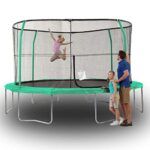 JumpKing 14 Foot Easy to Assemble Padded Enclosed Round Trampoline with G3 Poles, High Density Safety Net, and L Shaped Zipper Door, Green