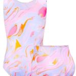 TENVDA Gymnastics Leotards for Girls 6-7 Years Old Pink Marble Tumbling Outfit Sleeveless Bodysuits Matching Shorts Sets