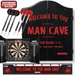 Winmau Dartboard Gift Set with Sisal Bristle, Cabinet, Darts, Man Cave Design – Includes 2 Sets of Steel Darts, Score Card, Throw Line