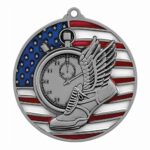Decade Awards Track & Field Patriotic Engraved Medal, Silver – 2.75 Inch Wide Running Second Place Medallion with Stars and Stripes American Flag V Neck Ribbon – Customize Now