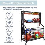 Signature Fitness Garage Sports Equipment Organizer, Garage Ball Storage, Sports Gear Storage, Garage Organizer with Baskets and Hooks, Rolling Sports Ball Storage Cart, Black, Steel