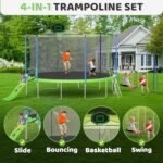 Skepphlay 12 FT Trampoline, Large Outdoor Trampoline for Kids and Adults, Backyard Trampoline Set with Enclosure Net, ASTM Approved Recreational Trampoline Outdoor with Basketball Hoop, Slide, Swing