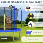 Tatub 8FT Trampoline for Kids and Adults – Outdoor Trampoline with Basketball Hoop and Enclosure Net, Recreational Small Trampoline with Curved Poles for 2-3 PL, Blue