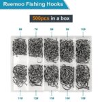 500PCS/100PCS ReeMoo Premium Fishing Hooks, 10 Sizes/4 Sizes Carbon Steel Fishing Hooks W/Portable Plastic Box, Strong Sharp Fish Hook with Barbs for Freshwater/Seawater