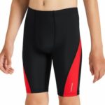 DEVOROPA Big Kid Boys’ Swim Jammers Youth Competitive Swim Team Suit Quick Dry Athletic Swimming Shorts UPF 50+ Black/Red XL