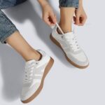 LUCKY STEP Women Classic Retro Gum Sole Fashion Sneakers Casual Tennis Skate Shoe Genuine Leather Walking Footwear Anti Slip Trainers(White/Grey,8)
