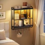 HOOBRO Gaming Floating Shelves with LED Lights, 28.7″ LED Wall Mounted Shelf, 3-Tier Display Rack for Wall Storage, Floating Rack with Hanging Rod and 6 S-Hooks, for Gaming Room, Black BB70DBJ01